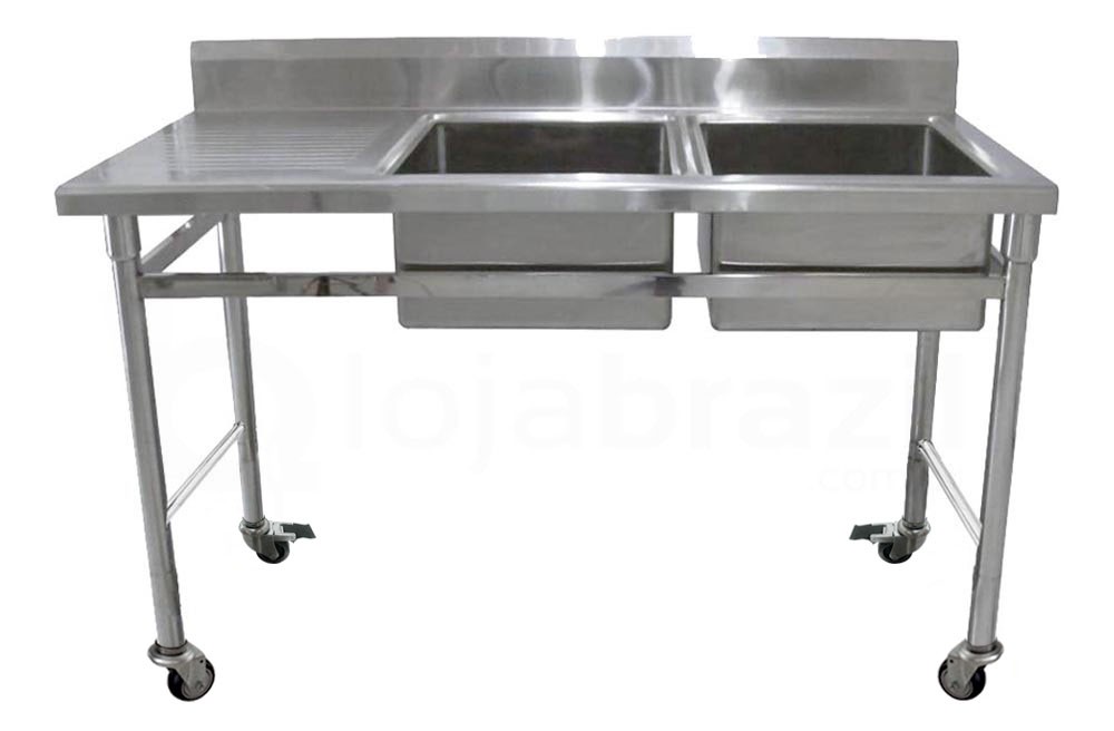 Mesa Bancada Aço Inox com Rodas e Pia (2 Cubas de 40cm) - 1,5m (155x55x80cm) - ST-240B-D (Direito)