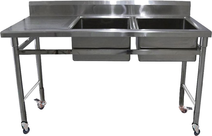 Mesa Bancada em Aço Inox com Rodas / Rodízios e Lavatório (2 Cubas 50cm) - 1,7m ST-250-2 (Direito)