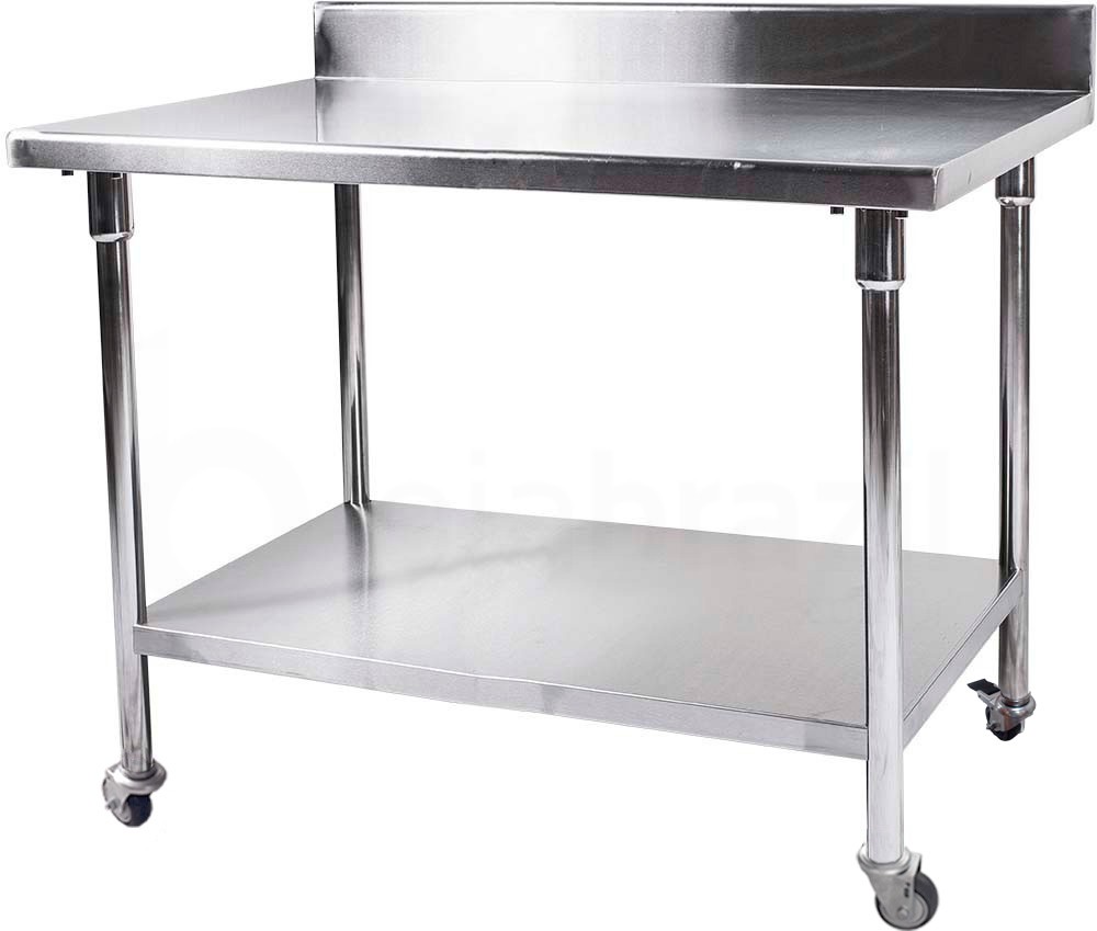 Mesa / Bancada de Apoio Aço Inoxidável com Rodas / Rodizios e Espelho - 1,4m (140x70x80cm) - BR-140B
