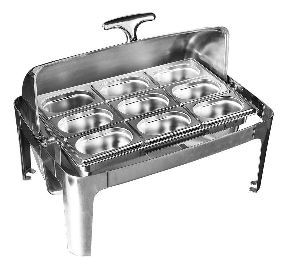 Rechaud Aço Inox com Tampa Giratória e 9 Cubas (GN 1/9 65mm) - 5,4 Lts (Versão Luxo)