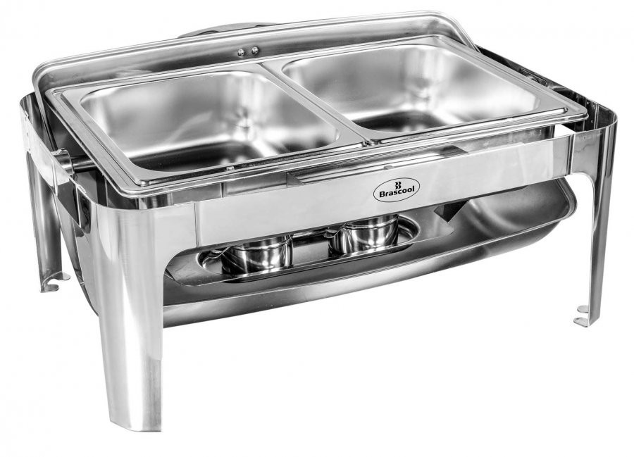 Tampa aberta - Rechaud Aço Inox com Tampa Giratória com 2 Cubas (GN 1/2×100mm) - 13 Lts (Versão Luxo) - 723-2B