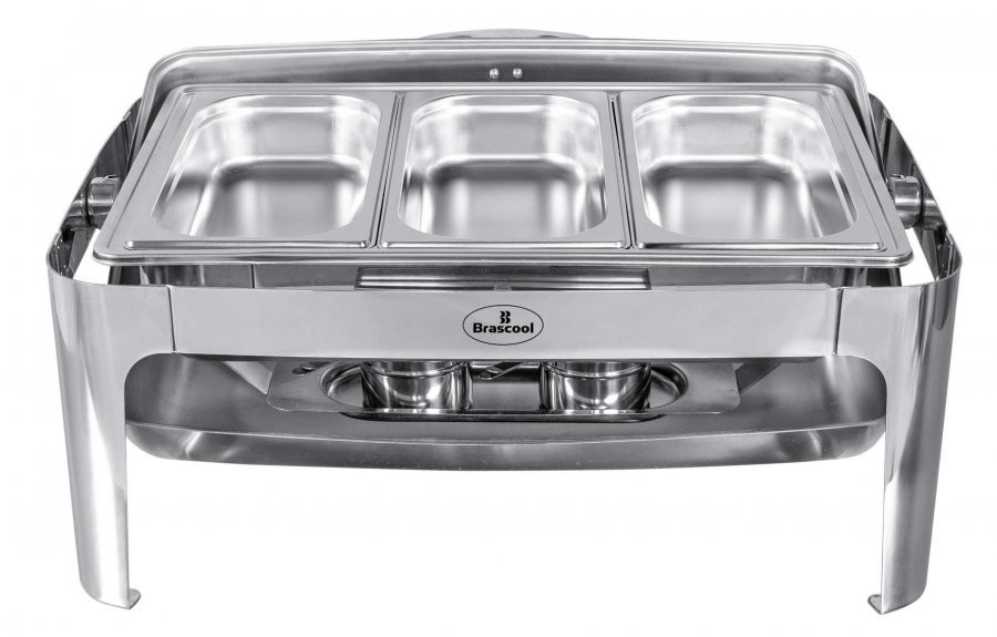 Tampa aberta - Rechaud Aço Inox com Tampa Giratória com 3 Cubas (GN 1/3×65mm) - 9 Lts (Versão Luxo) - 723-3