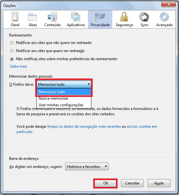 Como Habilitar Cookies Firefox - Passo 2