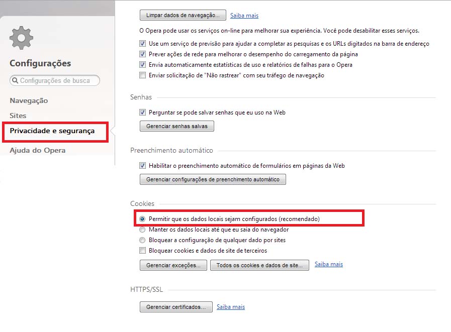 Como Habilitar Cookies Opera - Passo 2